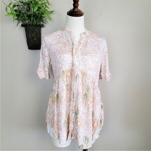 Akemi Kin Anthropologie Veria Peplum Tunic Floral Short Sleeve Button Up Blouse